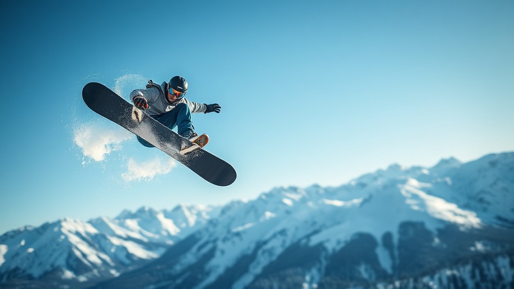 스노보드 선수가 산악 지형에서 공중 기술을 수행하는 장면